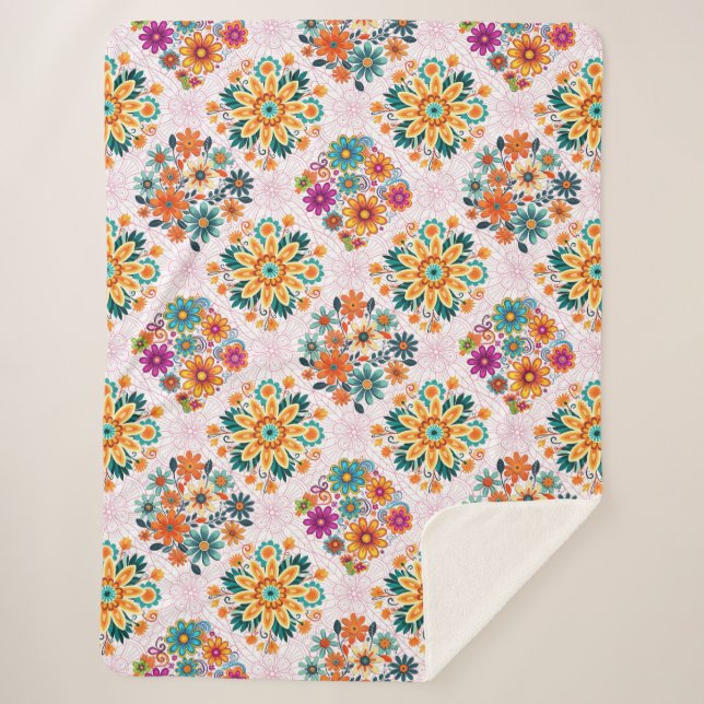 Multi-Colours Flower Pots Pattern - Pink Sherpa Blanket (Front)
