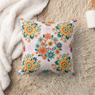 Multi-Colours Flower Pots Pattern - Pink Throw Pillow