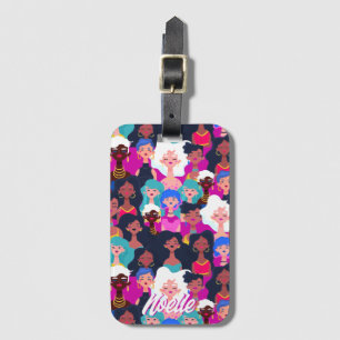 Multi-Cultural Women's Faces Pattern, Your Name Luggage Tag