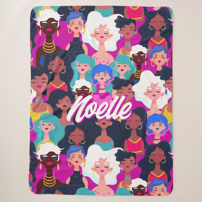 Multi-Cultural Women's Faces Pattern, Your Name Sherpa Blanket (Front)