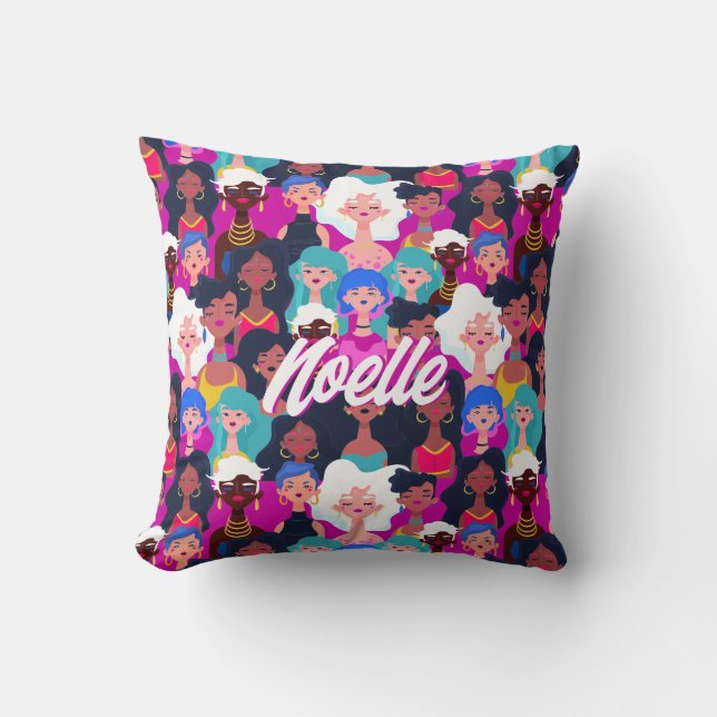 Multi-Cultural Women's Faces Pattern, Your Name Throw Pillow (Front)
