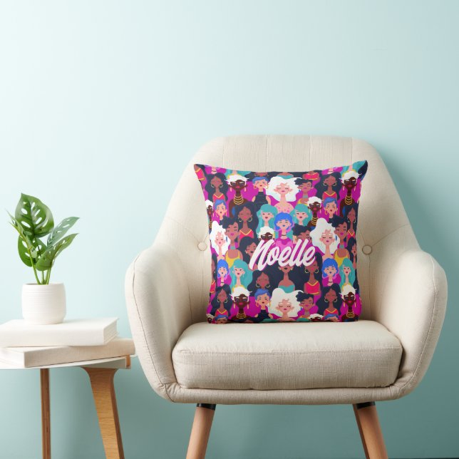 Multi-Cultural Women's Faces Pattern, Your Name Throw Pillow (Chair)