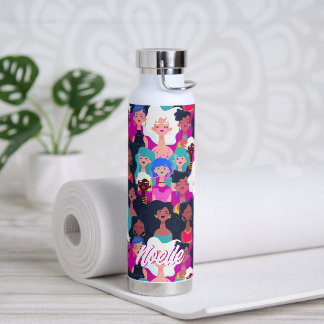 Multi-Cultural Women's Faces Pattern, Your Name Water Bottle