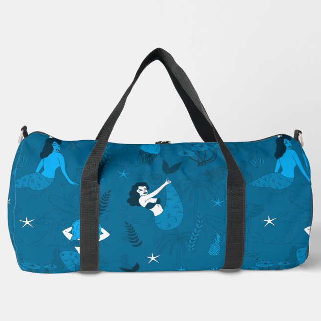 multi ethnic mermaids pattern blue  duffle bag (Front)