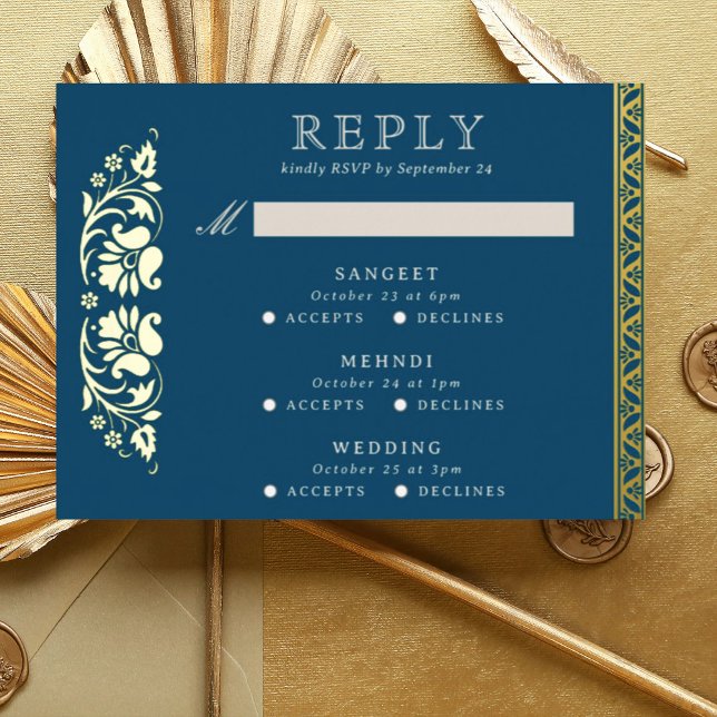 Multi Event Lotus Flower Indian Wedding RSVP Card (Blue Indian wedding invitation RSVP enclosure response reply card, Lotus flower hindu wedding card)
