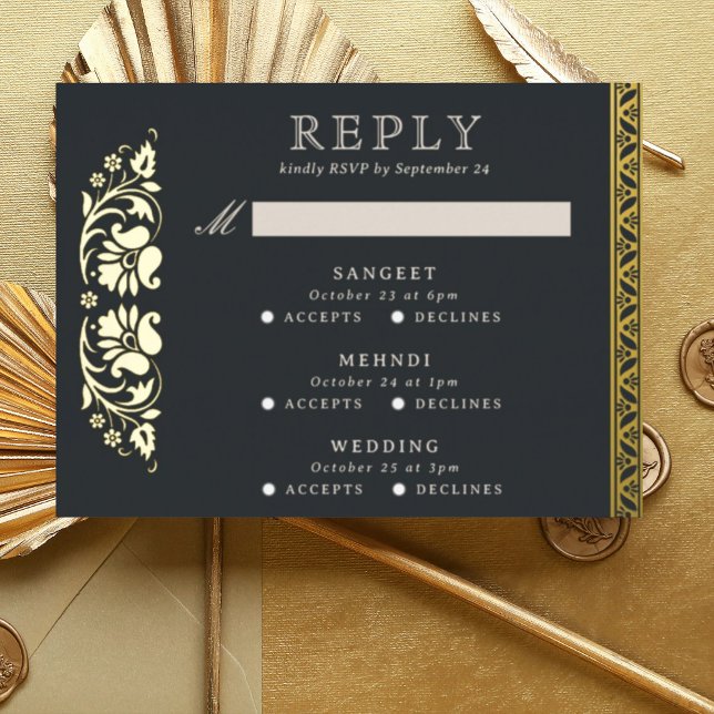 Multi Event Lotus Flower Indian Wedding RSVP Card (Black Indian wedding invitation RSVP enclosure response reply card, Lotus flower hindu wedding card)
