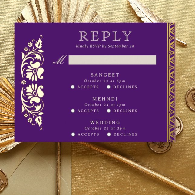 Multi Event Lotus Flower Indian Wedding RSVP Card (Purple Indian wedding invitation RSVP enclosure response reply card, Lotus flower hindu wedding card)