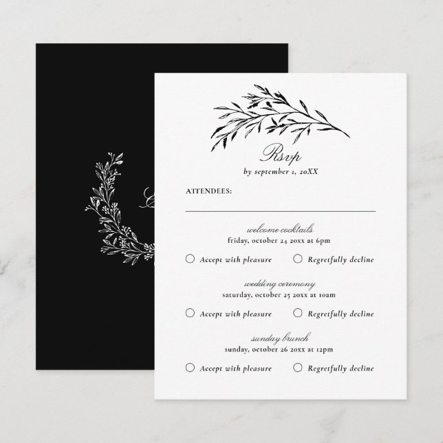 Multi Event Vintage Black Foliage Leaf RSVP Card (Front/Back)