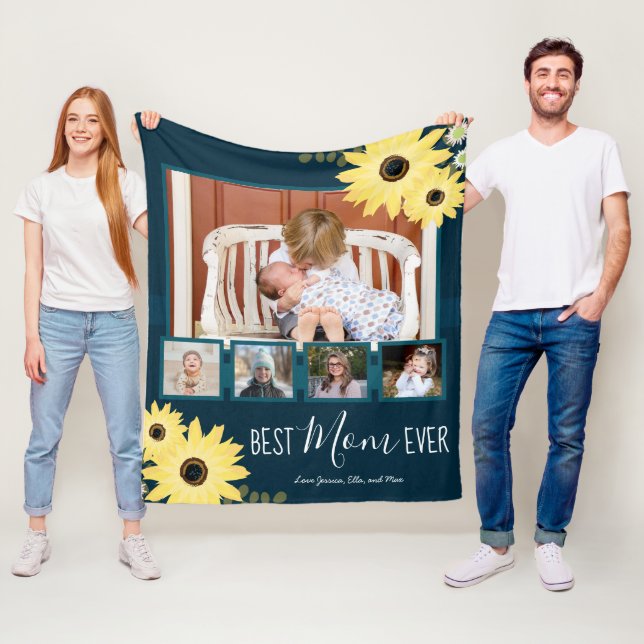 Multi Family Photo Best Mom Ever Rustic Sunflowers Fleece Blanket (In Situ)