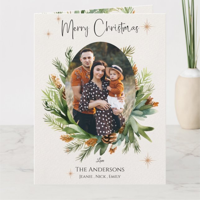 Multi Family Photos Green Leaves Merry Christmas Card (Front)