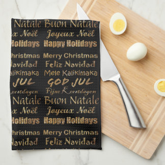 Multi-Language Golden Glitter Christmas Greetings Kitchen Towel