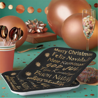 Multi-Language Golden Glitter Christmas Greetings Paper Plate