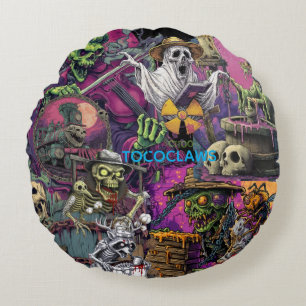 Multi-Panel Zombie Samurai & Chained Barrel Horror Round Pillow