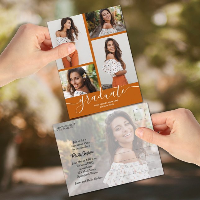 Multi Photo Burnt Orange Graduation Invitation Postcard (Creator Uploaded)