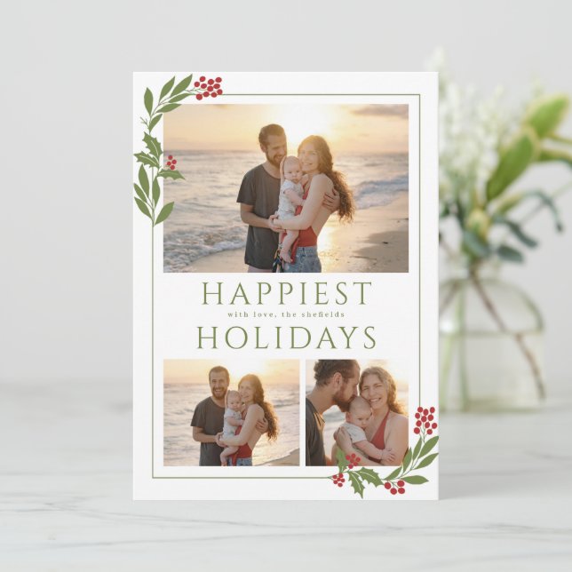 MULTI-PHOTO CARD WITH CHRISTMAS BORDER FOLIAGE (Standing Front)