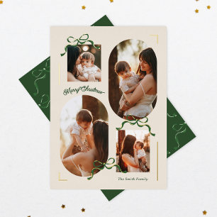 multi photo collage 4 photo bows foil Oval Photo Holiday Card