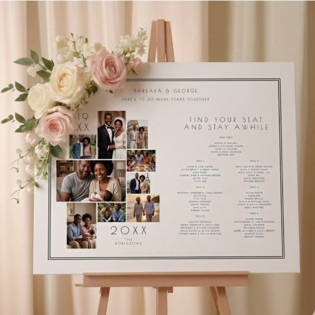 Multi Photo Collage Anniversary Seat Chart TMF26 (Elegant Anniversary Seating Chart with a Multi Photo Collage Design and Stylish White Background.)