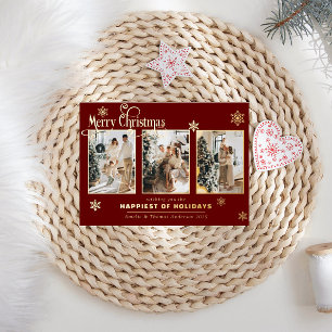 Multi Photo Collage Burgundy Red Foil Snow Foil Holiday Card