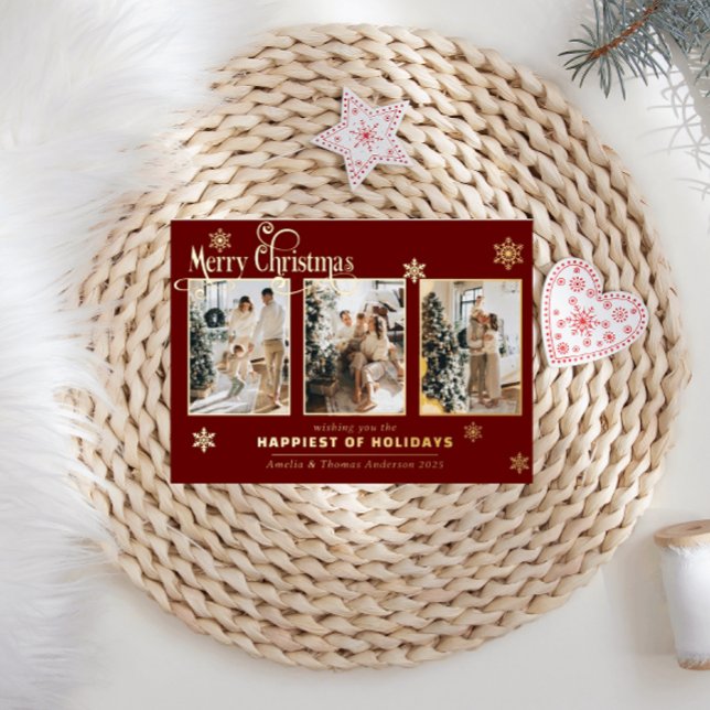Multi Photo Collage Burgundy Red Foil Snow Foil Holiday Card (Creator Uploaded)
