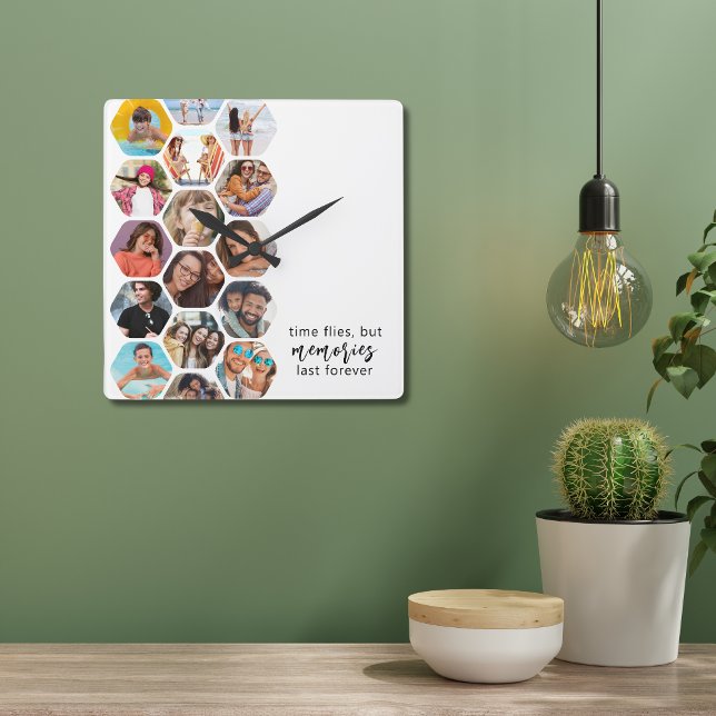 Multi Photo Collage Memories Simple Modern Square Square Wall Clock (Creator Uploaded)