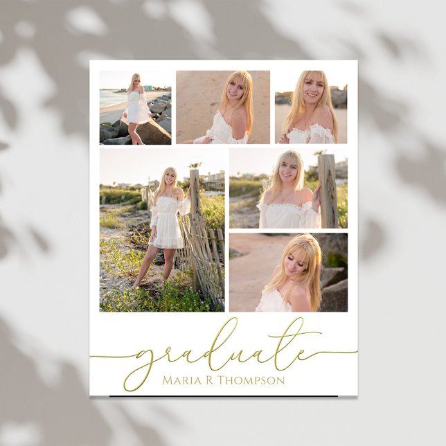 Multi Photo Collage Modern Graduation Script Poster (Graduation gold gradient calligraphy script photo collage poster. )