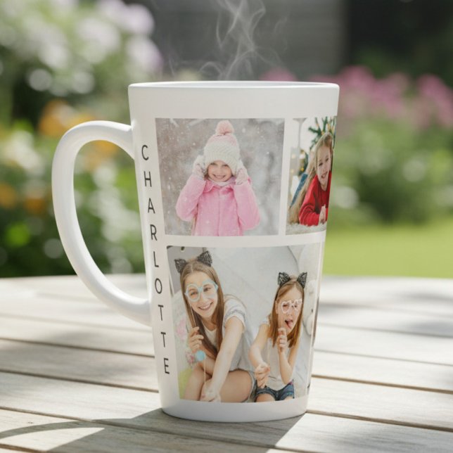 Multi Photo Collage Modern Personalized Name Latte Mug (Creator Uploaded)