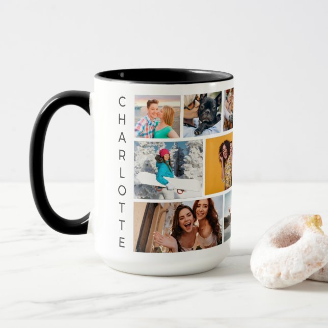 Multi Photo Collage Modern Personalized Name Mug (With Donut)