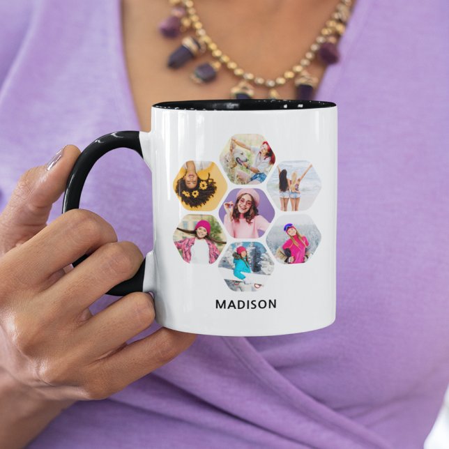 Multi Photo Collage Modern Personalized Name Mug (Creator Uploaded)