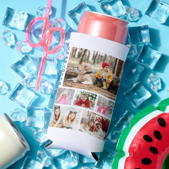 Multi Photo Collage Modern Personalized Name Seltzer Can Cooler (In Situ Summer)