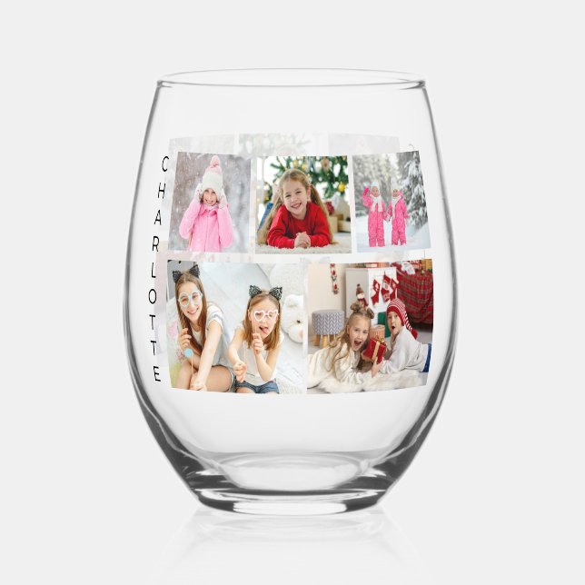 Multi Photo Collage Modern Personalized Name Stemless Wine Glass (Front)