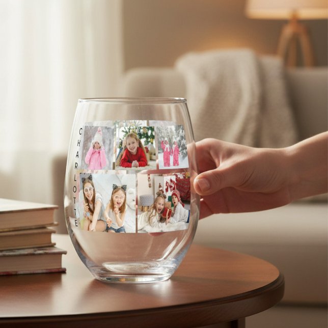 Multi Photo Collage Modern Personalized Name Stemless Wine Glass (Creator Uploaded)