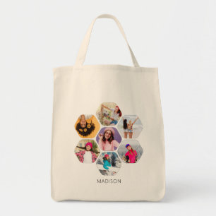 Multi Photo Collage Modern Personalized Name Tote Bag