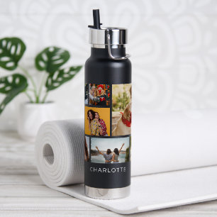 Multi Photo Collage Modern Personalized Name Water Bottle