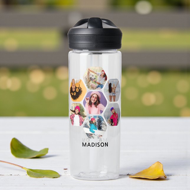 Multi Photo Collage Modern Personalized Name Water Bottle (Creator Uploaded)