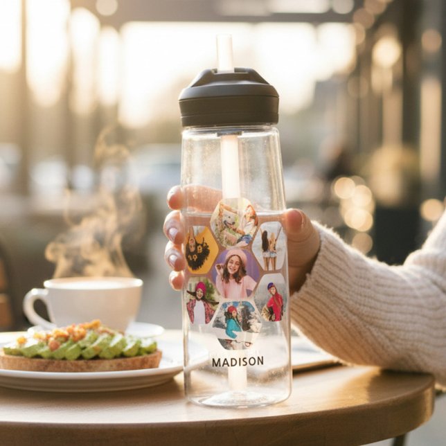 Multi Photo Collage Modern Personalized Name Water Bottle (Creator Uploaded)