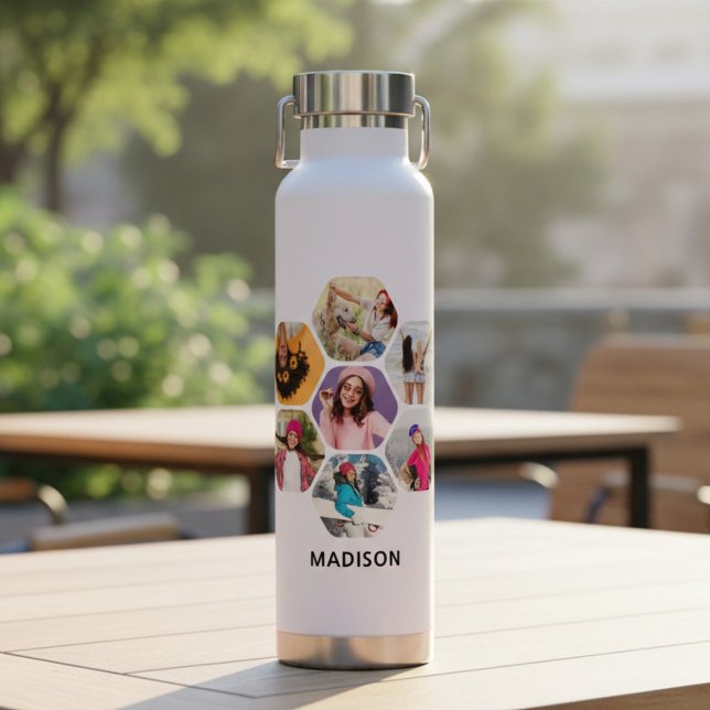 Multi Photo Collage Modern Personalized Name Water Bottle (Creator Uploaded)