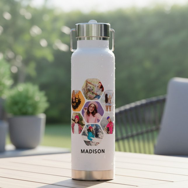 Multi Photo Collage Modern Personalized Name  Water Bottle (Creator Uploaded)