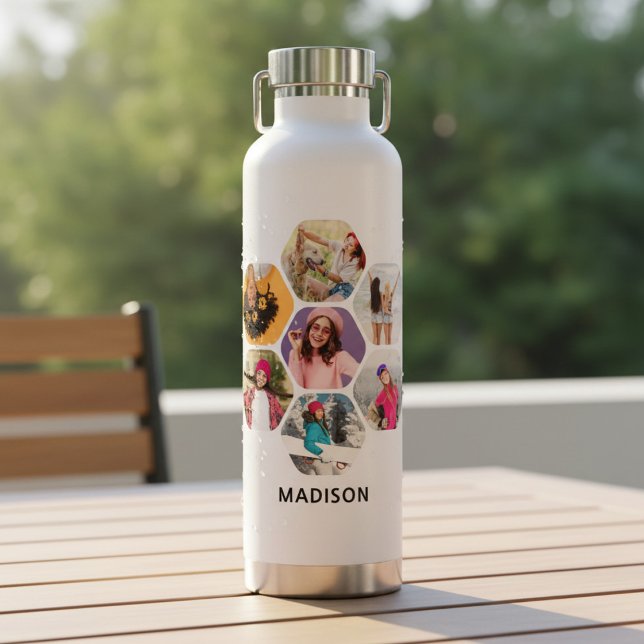 Multi Photo Collage Modern Personalized Name Water Bottle (Creator Uploaded)