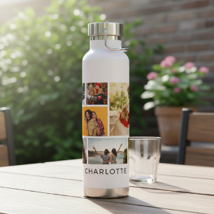 Multi Photo Collage Modern Personalized Name Water Bottle