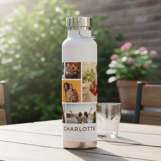 Multi Photo Collage Modern Personalized Name Water Bottle (Creator Uploaded)