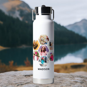 Multi Photo Collage Modern Personalized Name Water Bottle