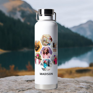 Multi Photo Collage Modern Personalized Name Water Bottle