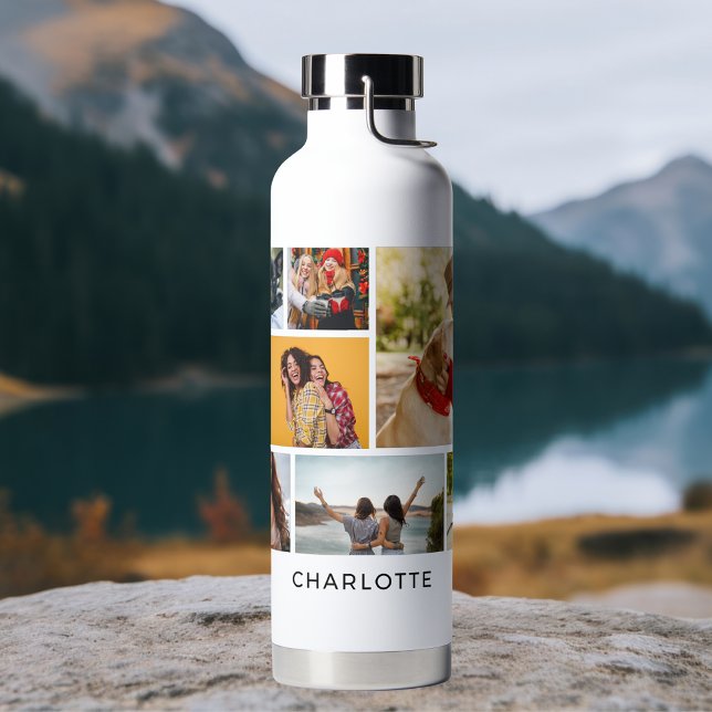 Multi Photo Collage Modern Personalized Name Water Bottle (Creator Uploaded)