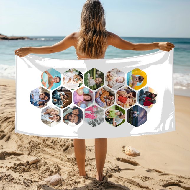 Multi Photo Collage Simple Modern Hexagon Pattern Beach Towel (Creator Uploaded)
