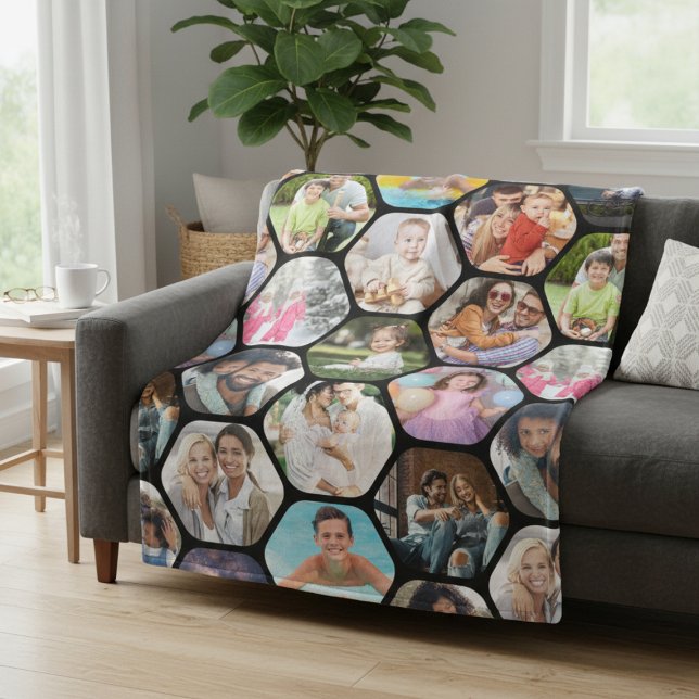 Multi Photo Collage Simple Modern Hexagon Pattern Fleece Blanket (Creator Uploaded)