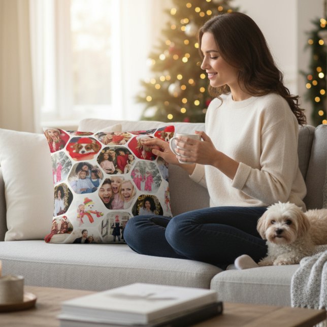 Multi Photo Collage Simple Modern Hexagon Pattern Throw Pillow (Creator Uploaded)