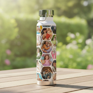 Multi Photo Collage Simple Modern Hexagon Pattern Water Bottle