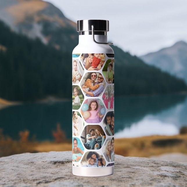 Multi Photo Collage Simple Modern Hexagon Pattern Water Bottle (Creator Uploaded)