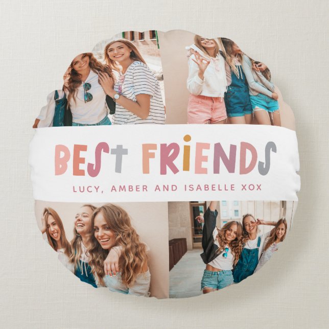 Multi photo colourful fun typography best friends round pillow (Front)