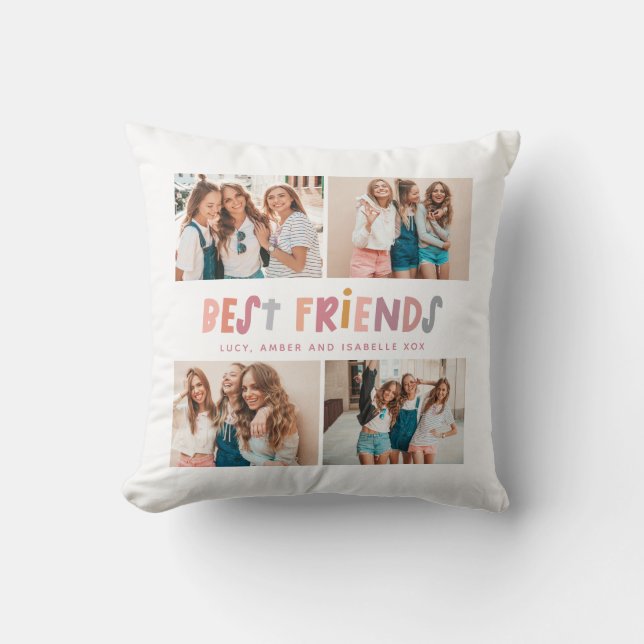 Multi photo colourful fun typography best friends throw pillow (Front)